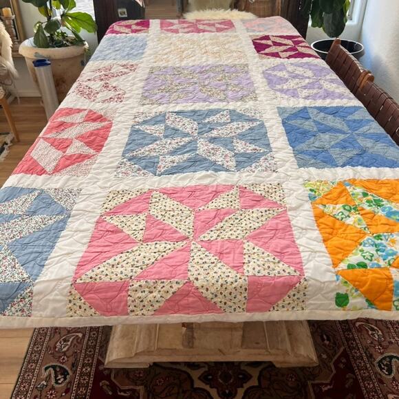 Handmade Other - Vintage Handmade Patchwork Quilt Queen Reversible Multicolor Eight-Point Star